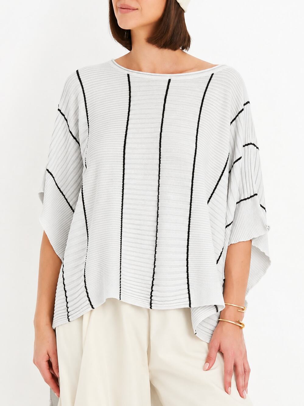 Planet by Lauren G Womens Sweater Top OS White Ribbed Knit Striped Pima Cotton